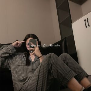 Pure Cotton Striped Sleepwear Set for Men and Women Couples Comfortable Home Clothes with Long Sleeves and Front Buckle
