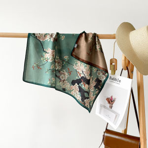 Double-Sided Silk Scarf 60cm Womens Autumn Winter Stripe Neck Warmer Fashionable Versatile Scarf for All Ages Floral Print