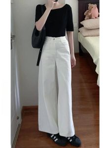 ขาตรงแบบขยายสูง เอว ผอม ผู้หญิง กางเกงยีนส์ ฤดูร้อน บาง หลวม ขากว้าง Drapey กางเกง ลำลอง สบาย เดนิม กางเกงขายาว