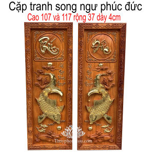 Cặp tranh song ngư rát vàng gỗ hương cực dày Cao 107117cm