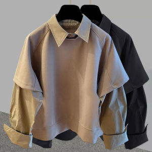 Fake Two-Piece Stitching Long-Sleeved Shirt Mens Spring and Autumn K-style Trendy Teen Pure Color Casual Loose Pullover Sweatershirt