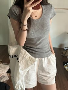 กางเกงขาสั้นทรงเอผ้าฝ้ายซักได้สไตล์เกาหลีสำหรับผู้หญิงในช่วงฤดูร้อน กางเกงขายาวทรงหลวมเอวสูงสำหรับใส่ทำงานกลางแจ้ง