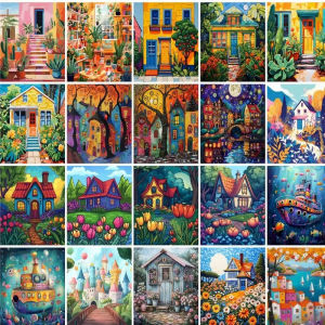 BILIBILI | Colorful House Paint By Number Landsape on Canvas Handpainted Acrylic Paint Kits for Adults Number Painting Decoration