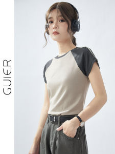 Youcosi 1x1 Thread Short Sleeve round Neck Splice T-Shirt Womens Color Block Slim Fit Top Summer Casual Fashion Tee