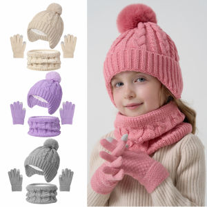 3Pcs Children Knitted Hat Scarf Gloves Set Fleece Lining Warm Kids Winter Hat Neck Warmer Suit Child Bonnet Cap Kids Beanie 3-8Y