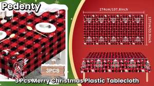 3-Piece 54 x 108 Inch Merry Christmas Plastic Tablecloth - Red and Green Design with Christmas Tree Holiday Decorations Rectangle Table Cover for Xmas Party Supplies Indoor Outdoor Decor