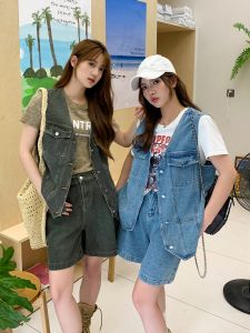 JGGU White Label Womens Denim Vest Jacket Set Summer Large Size Cotton Retro Style Fashionable Two-Piece Suit for Ladies