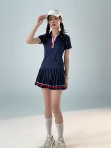 Womens Short Sleeve Skort Set Quick Dry Breathable Pleated Tennis Golf Running Workout Athletic Outfit