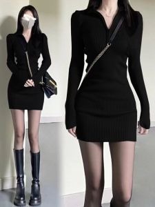 High Waist Long Sleeve Short Dress Womens Autumn Winter Pure Desire High End Feeling Slim Fit Base Layer Butt Covering Dress