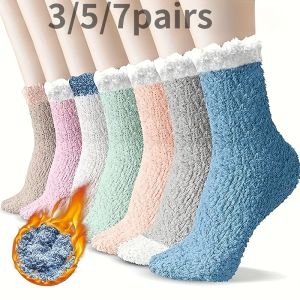 3/5/7 Pairs of Womens Colorful Coral Fleece Mid Tube Socks Winter Thick and Warm Full Foot Coverage Soft Home Socks Sleep Socks