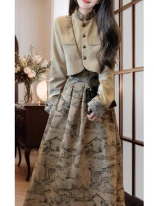 New Chinese Style plus Size Womens Fashion Set Autumn Winter Short Coat Skirt Two-Piece Set Elegant High-End Feeling