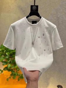 Áo Thun Nam Tay Ngắn Thời Trang Mùa Hè 2025 Thiết Kế Kim Cương Đính Nhiệt Hình Mưa Sao Băng Cổ Tròn Cotton Thoáng Khí Thường Ngày