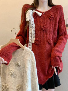 Autumn Winter New Style French Retro Design Wine Red Knitted Sweater Women Loose Christmas Red Knitwear Casual round Neck Long Sleeve Top