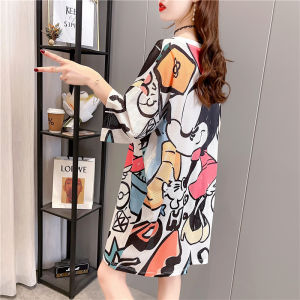 ชุดเดรสยาวปานกลางผ้าไหมน้ำแข็งแฟชั่นฤดูร้อนปี 2024 ทรงหลวม แขนสั้น คอตั้ง กระโปรงทรงเอ ชุดทำงานสไตล์เกาหลี