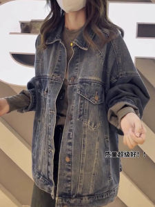Loose Fit Denim Jacket Womens Pear Shape Body New Autumn plus Size High Waist Slimming Jeans Jacket Polo Collar Long Sleeve