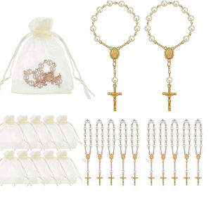 10 Pieces Mini Rosary Favors Baptism Favors Acrylic Rosary Beads Finger Baptism Rosaries with Organza Bags for Christening