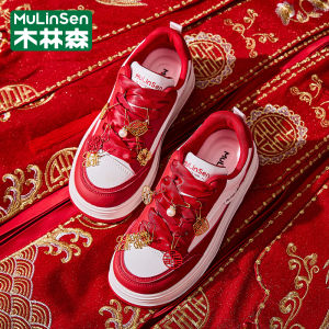 รองเท้าแต่งงานสีแดง รองเท้าแต่งงานแบบสวมสำหรับผู้หญิง ฤดูร้อนปี 2025 รองเท้าแตะส้นแบน รองเท้าผ้าใบ สไตล์คู่รัก