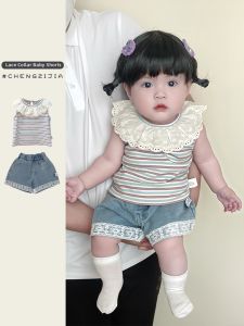 Sleeveless Striped Baby Romper Set Sleeve Flounces Denim Shorts
