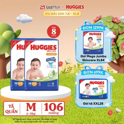 [20h 7-10.8 GIẢM THÊM 90K] Combo 2 Gói Tã/bỉm quần HUGGIES SKINCARE MEGA JUMBO size M102+4 miếng