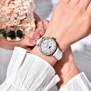 PAGANI DESIGN PD-1789 Diamond Womens Watch Stainless Steel Leather Wrist Watch for Women Luxury Waterproof Ladies Wristwatch with Moonphase Week Date Display