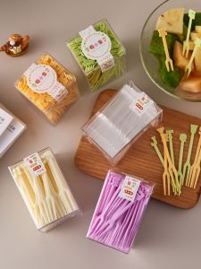 Disposable Plastic Fruit Forks Two Teeth for Eating Fruits Desserts Small Pastries Home Use Cake Stick Sign Cartoon Style
