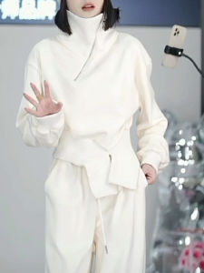 Small White High Collar Asymmetrical Short Velvet Sweatshirt Womens Autumn and Winter High Slim Looking Thickened Warm Coat