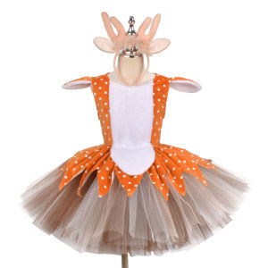 Cute Elk Tulle Tutu Skirt for Girls Princess Dress for Holiday Party Performance Tulle Skirt Set for Halloween Stage Show