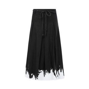 S·DEER | Retro High Waist Belted Color Block Linen A-line Skirt