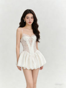 Elegant White Lace Spliced Camisole Dress Slimming