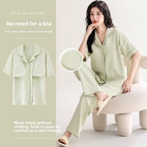 MiiOW | Pure Cotton Womens Sleepwear Short Sleeve Loose Home Clothes Set With Chest Pad Summer Autumn Casual Style Printed Long Pants