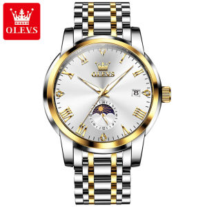 OLEVS นาฬิกาข้อมือสำหรับผู้ชายออโต้แบรนด์ของแท้สไตล์ธุรกิจที่ไม่เอื้ออำนวยสเตนเลสสตีลที่มีคุณภาพสูงสายนาฬิกาข้อมือนาฬิกาควอตซ์อัตโนมัติ