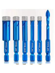 6Pcs Dry Drill Core Bit Set Spiral Groove Brazed Drill Bit Hex Shank Hole Saw for Ceramic Tile Granite Marble