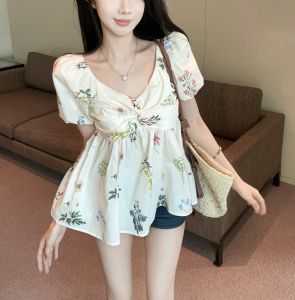 GUZILIAN | French Floral Shirt Women Summer Unique Exquisite Design Knot Square Collar Short Bubble Sleeve Top Korean Style Loose Fit