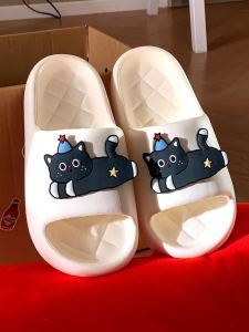 Fun Star Black Cat Sandals Womens Soft Bottom EVA Slippers Indoor Summer Bathroom Anti-Odor Casual Low Heel Flat Bottom