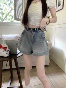 Summer Trend High Waist Shiny Diamond Womens Loose Slim A-Line Wide Leg Short Jeans Anti-Wrinkle Pure Color Zipper Closure