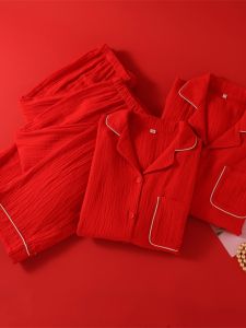 Couples Sleepwear Red Cotton Yarn Long Sleeve Home Clothes for New Year Spring Autumn Winter Casual Home Scene Youth Size