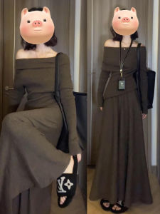 2025 New Lazy Style Knitted Long Dress Set Womens Autumn Winter Korean High Waist A-Line Skirt One-Shoulder Dresses