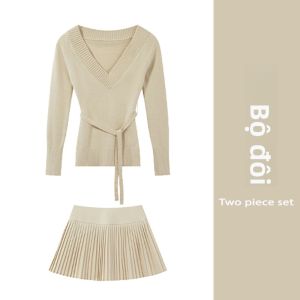 YUEZHONGWEI | Bộ Đồ Hai Món Áo Sweater Cổ V và Chân Váy Knit Phong Cách Hàn Quốc Gái Spicy Thu-Đông