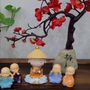 Bộ Tượng Chú Tiểu Tứ KhôngSet Chú Tiểu Kèm Bình Đá Hoa ĐàoTrang Trí Tủ Kệ Bàn Làm Việc