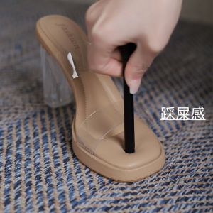 Transparent Sheepskin High Heels Comfortable Waterproof Summer New Crystal Thick Heel Womens Shoes Fashionable Slippers