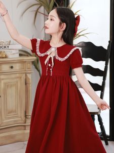 Princess Style Childrens Dress Red Skirt Suit for Girls Ceremony Dress Small Host Girls Clothing Spring Autumn Season