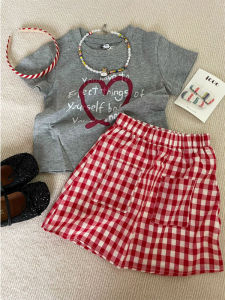 Girls Short Sleeve T-shirt Skirt Set Red Checkered Spring