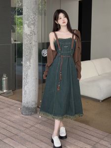 Plus Size Womens Clothing K-style Chubby Girl Waist-Tight Slimming Retro Denim Sling Dress Autumn Cardigan Tops Two-piece Set