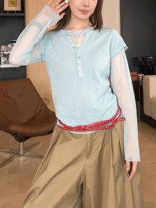 Shalldoer | Design Casual Summer Set V-Neck Short Sleeve T-Shirt Long Sleeve Mesh Top Two Pieces