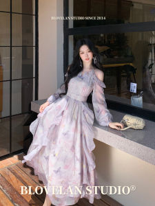 Elegant Off-shoulder Irregular Ruffles Butterfly Print Long Sleeve Dress for Early Autumn
