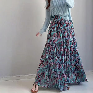 Blue Floral Design Elegant Midi Skirt Womens Full A-Line High Waist Slimming Skirts Fashionable Commute Korean Style