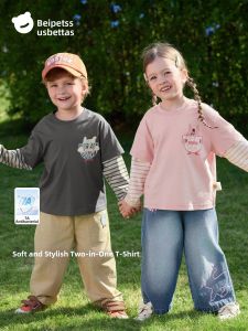 Usbettas | 100 Cotton False Two-piece Long Sleeve T-shirt Childrens Autumn Wear