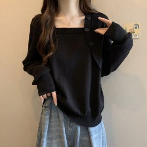 plus Size Knitted Loose Base Shirt Spring Fashion Belly Covering Lazy Style Long Sleeve Square Collar Slimming Top for plus Size Women