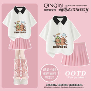 Summer New Polo Shirt T-Shirt Short Sleeve Short Skirt Set Cartoon Capybara Print Girls Clothing Cotton 100% Kids Outfits