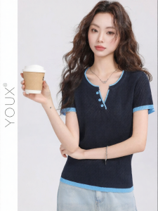 YOUXIANG | Áo Blouse Knit Tay Ngắn Ôm Dáng Đa Năng Màu Khối